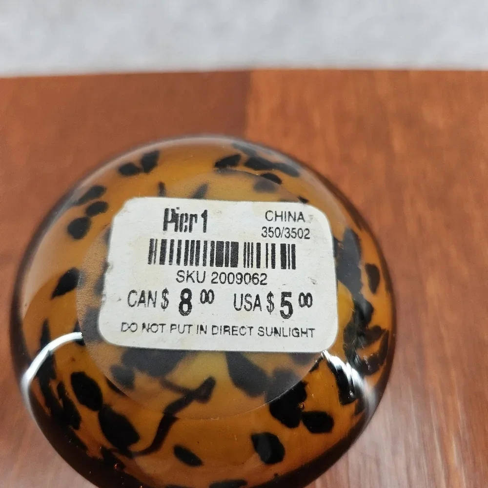Pier 1 Blown Art Glass Paperweight Cheetah Orange Black Animal Print Shelf Decor